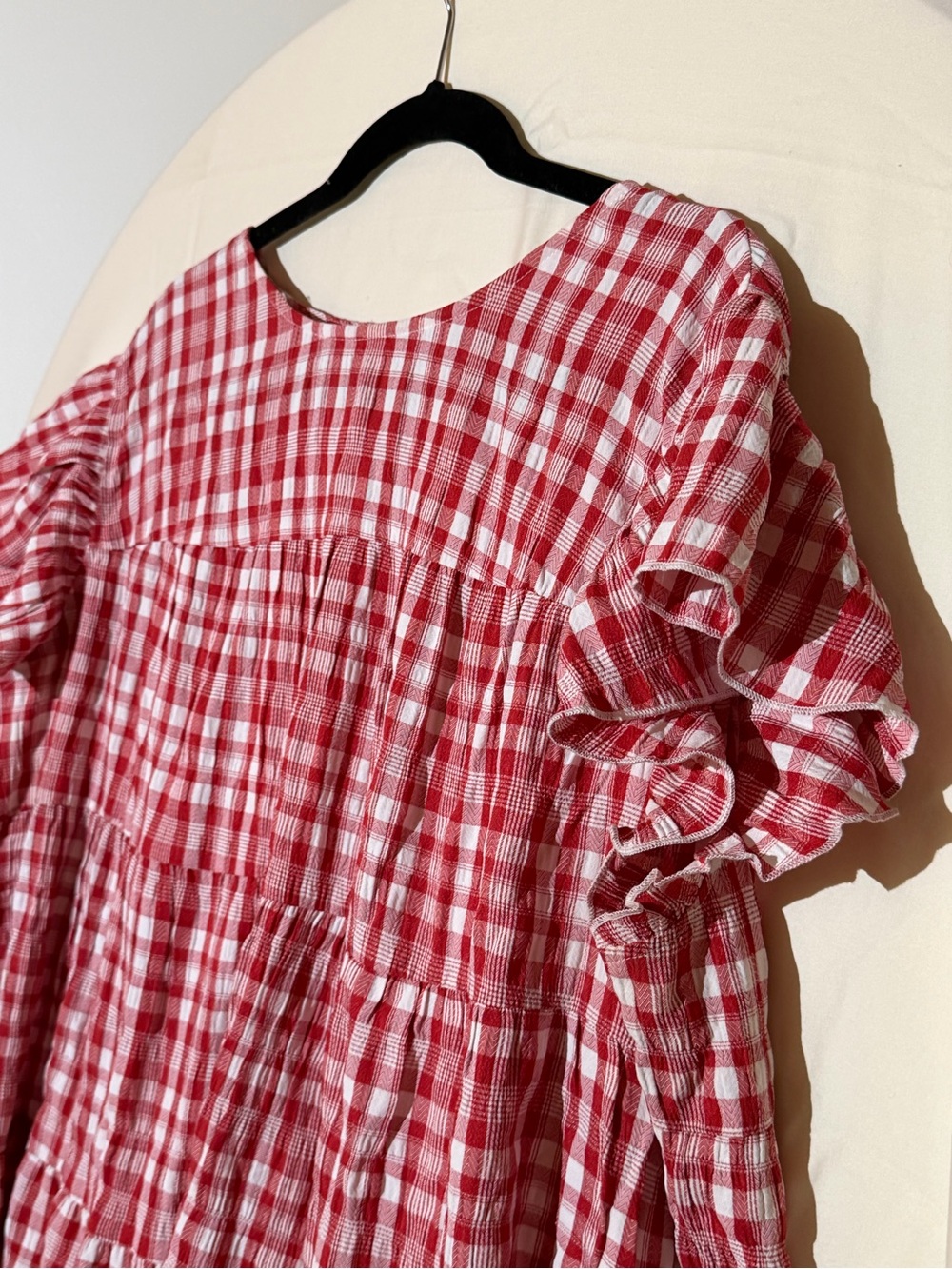 BloomChic Red and White Gingham Ruffle Sleeve Top - Picture 1 of 4